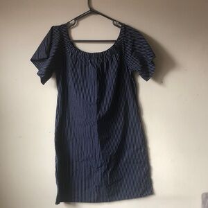 Banana Republic Navy and White Pinstripe Off-Shoulder Mini Dress